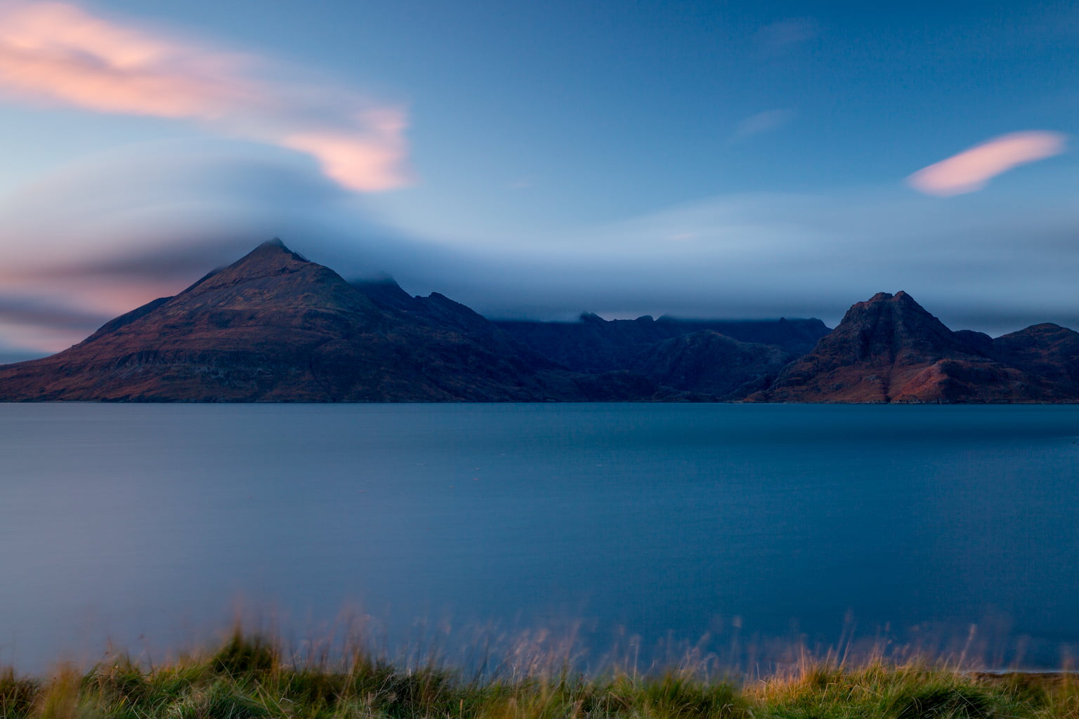 Long exposure photograph of The Cuillin mountains taken from Elgol over looking Loch Scavaig on the Isle of Skye, Scotland. 