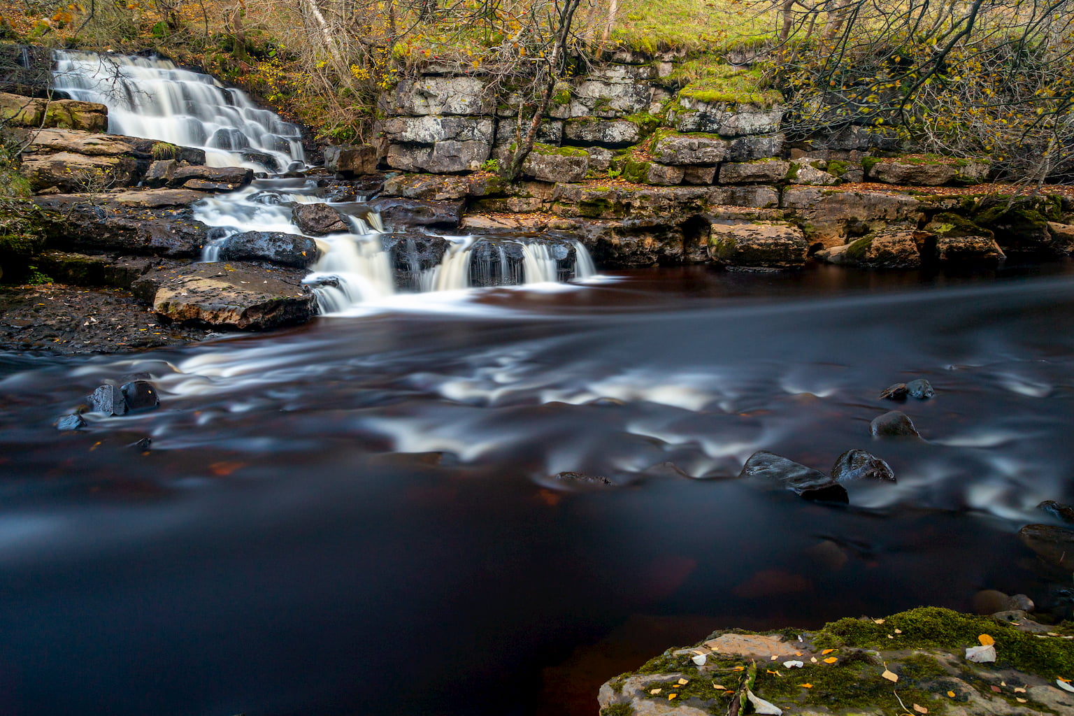 Long exposure photograph of Lower East Gill Force waterfall in Swaledale, North Yorkshire.