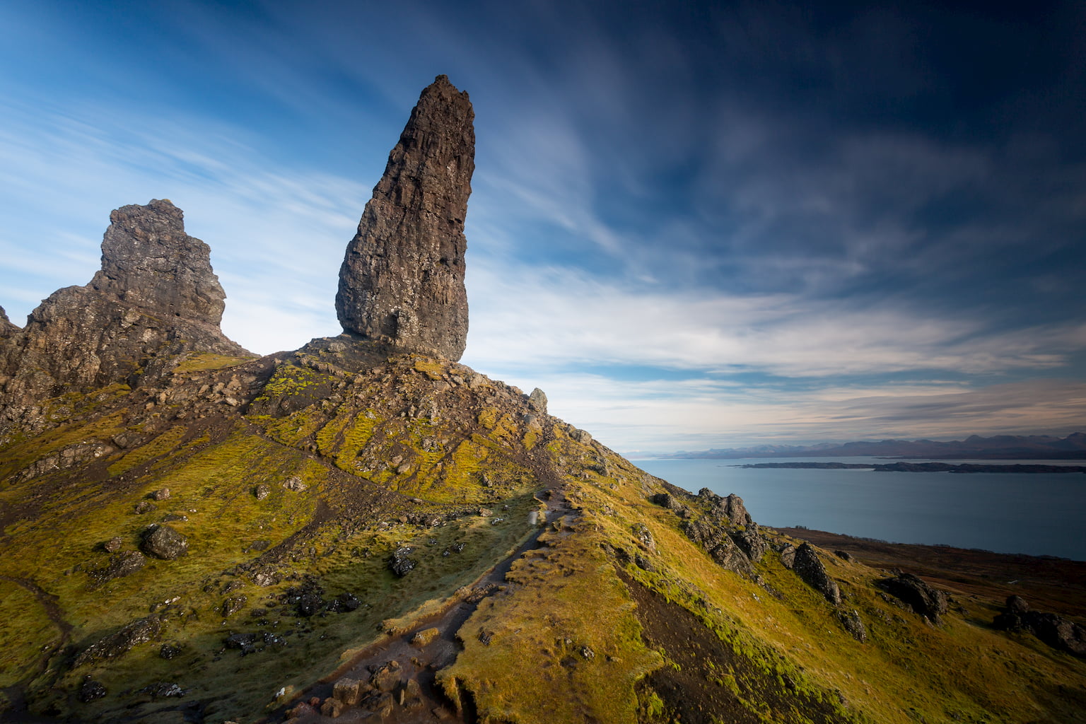 The Old Man of Storr precariously perched on a hill top, Isle of Skye, Scotland.