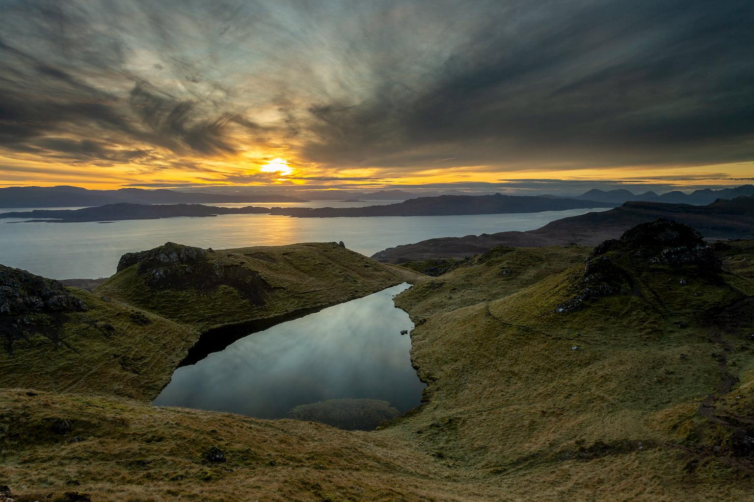 Sunrise over the mainland of Scotland. Photograph taken from the Old Man of Storr on the Isle of Skye